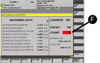 Screenshot of a machine’s operator panel showing part counter values