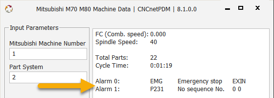 Output of active alarms from Mitsubishi CNC