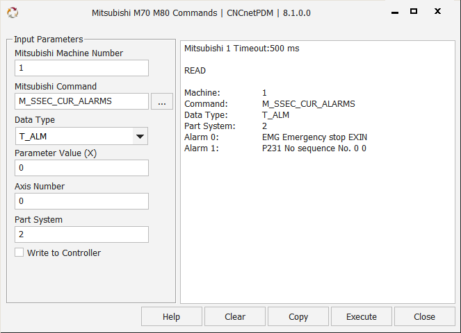 Query active alarms from Mitsubishi CNC